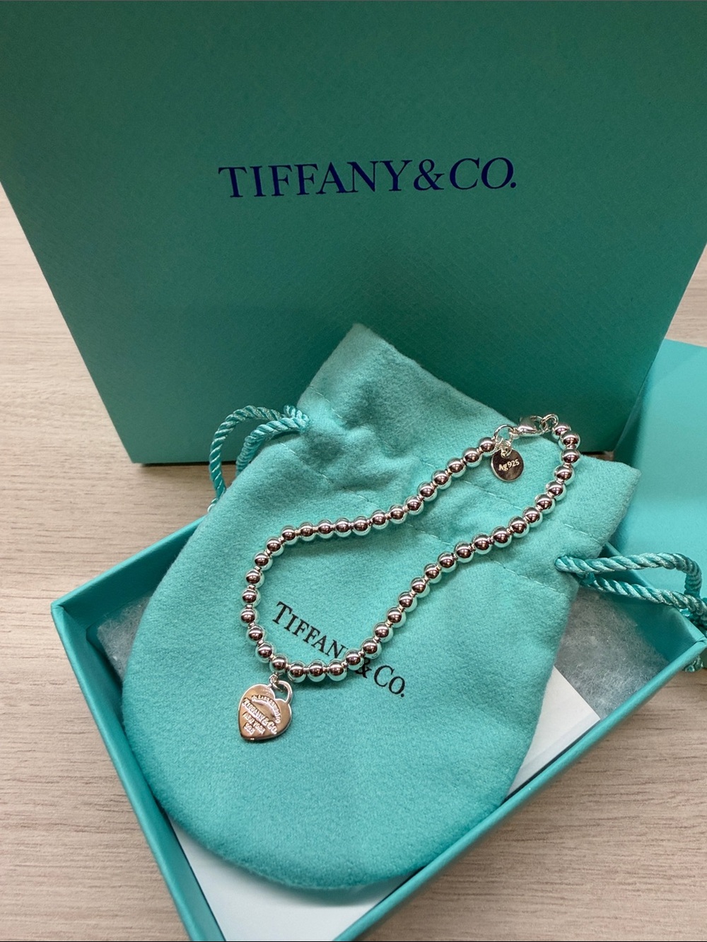 Tiffany & Co. Sterling Silver Bead Bracelet with Heart Charm NEW Sz Small